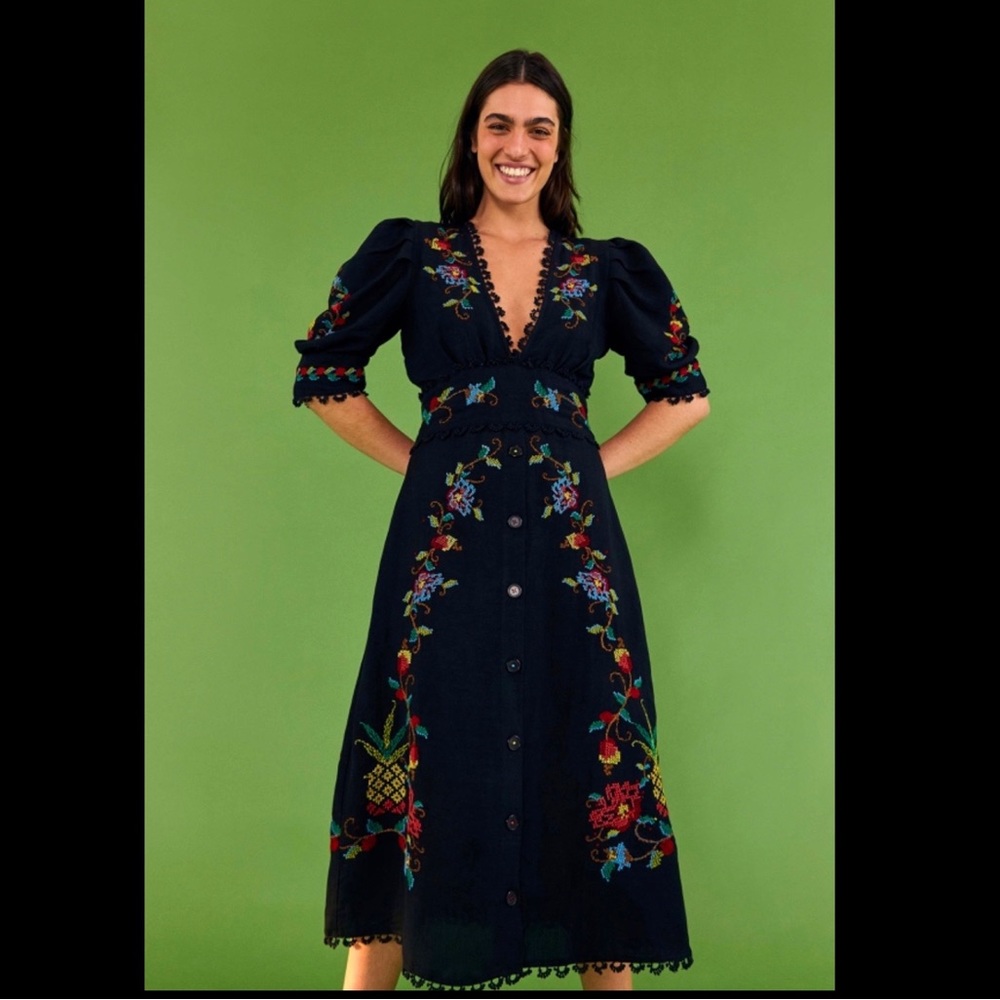 FARM RIO Black Cross Stitch V Neck Midi Dress Size Small NWT
